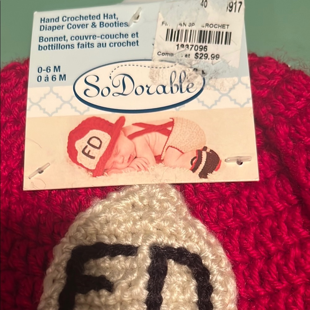 So Dorable Hand Crocheted Baby Fire Department diaper cover & hat set #10099